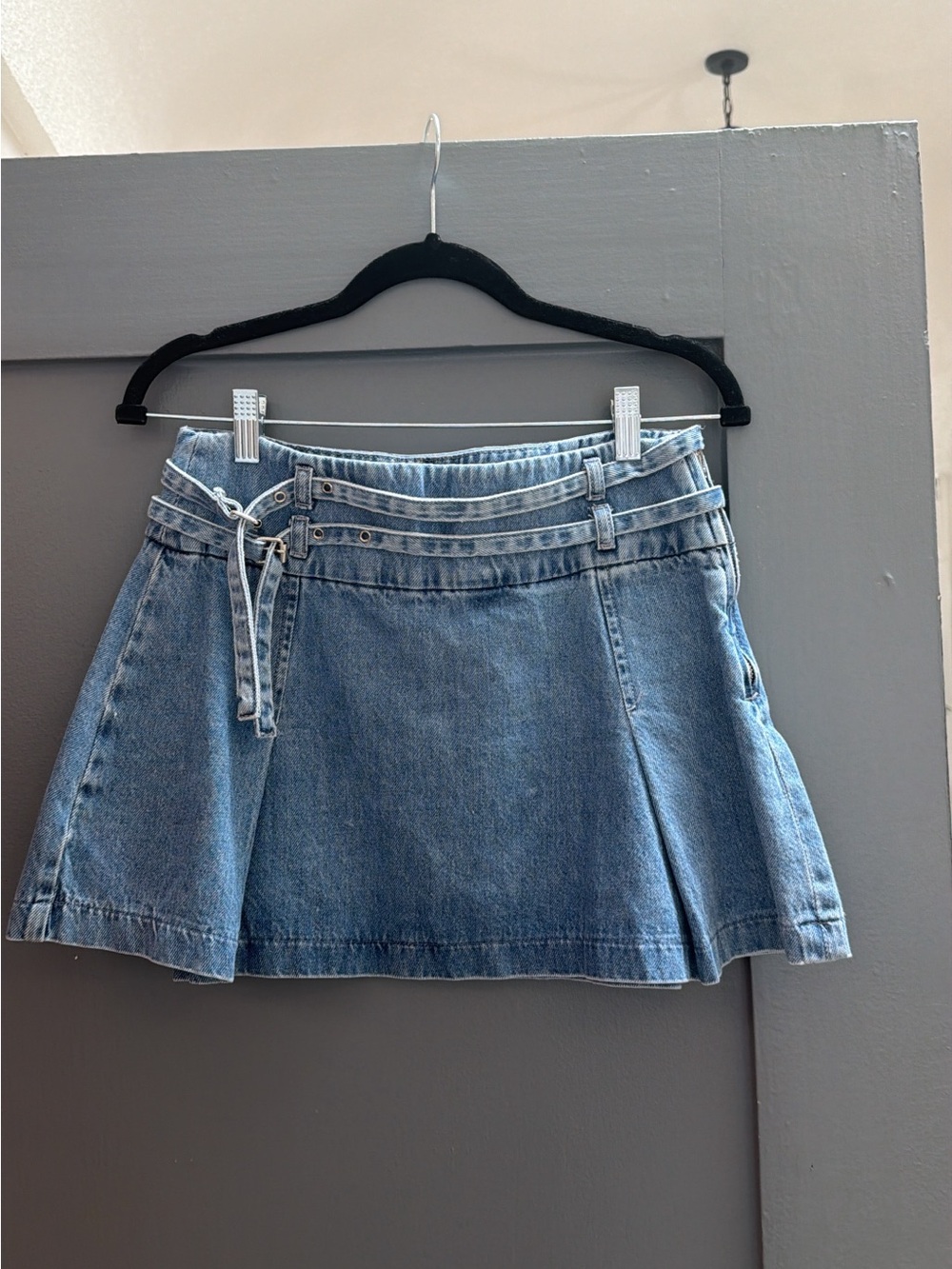 Zara Denim Mini Skirt with Double Waistband and Belt sz small